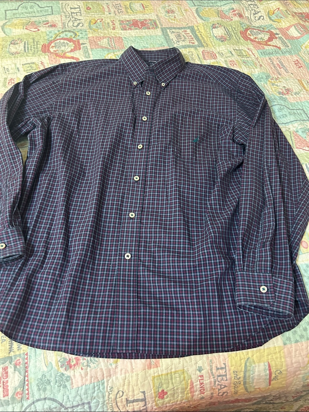 Nautica Men's Navy Plaid Button-Down Shirt with Red & Green Trim